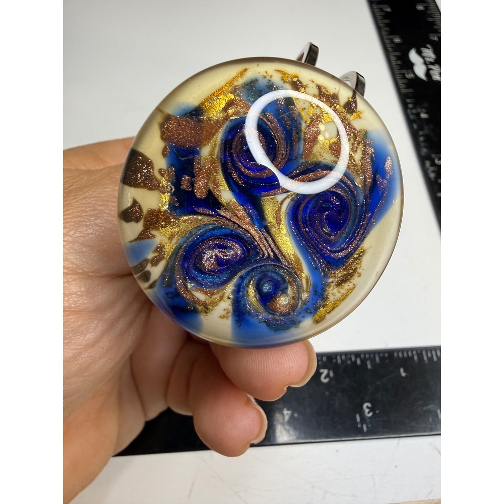 Artisan Blue Gold Swirl Glass Hinge Cuff Bracelet Silver Tone Statement Jewelry